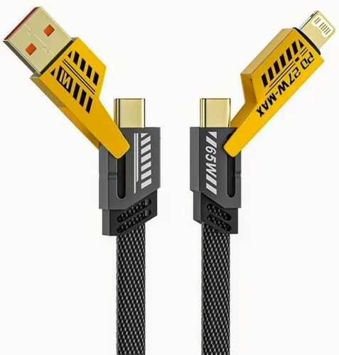 Gold and black 4-in-1 65W braided charging cable with convertible connectors