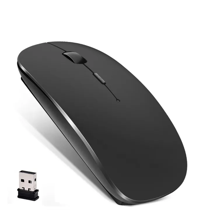 Slim wireless mouse in black, top angle